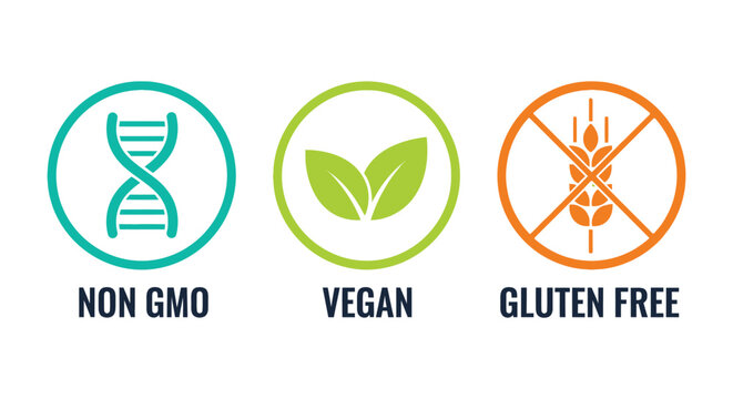 Healthy food icons non gmo vegan gluten free on white