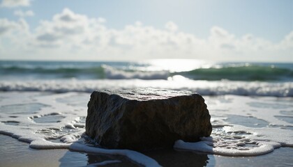 stone pedestal for products and cosmetics. Background sea