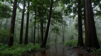 Fototapeta premium Misty forest path in rain