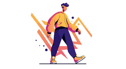 Young man walking in stylish outfit with colorful graphic background  