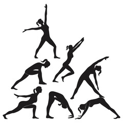 Black Silhouettes of Women Performing Various Yoga Poses Fitness Exercises Stretching Body Flexibility