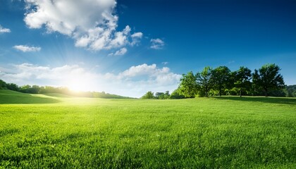 Obraz premium green meadow with trees under blue sky and sun