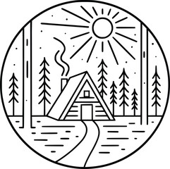 Modern forest cabin line art illustration in black and white featuring an A-frame house in pine trees with circular border design perfect for wall art posters t-shirts branding and digital products
