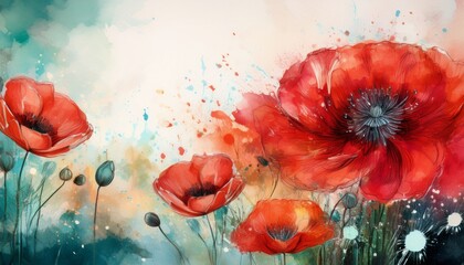 image of red poppies with splashes of spots on a light abstract background