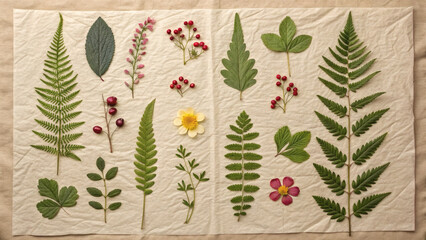 Botanical composition of pressed leaves, flowers, and berries on fabric.