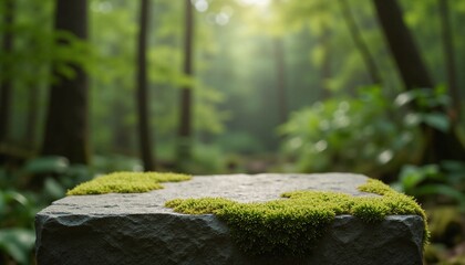 Stone pedestal in lush jungle with glowing sunlight and a distant waterfall. Nature's beauty.