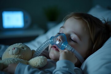 Child suffering from Sleep Apnea, wearing a respiratory mask.