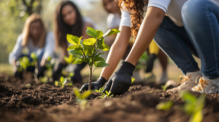 Group of people planting young trees in a garden, promoting environmental sustainability