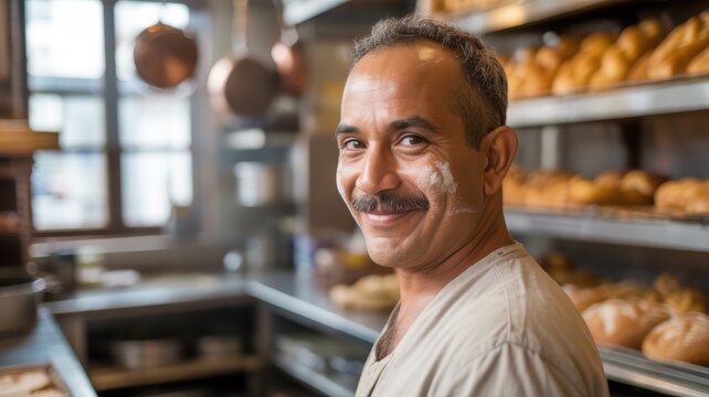 Baker in a bakery, smiling at the camera with shelves of bread in the background.
