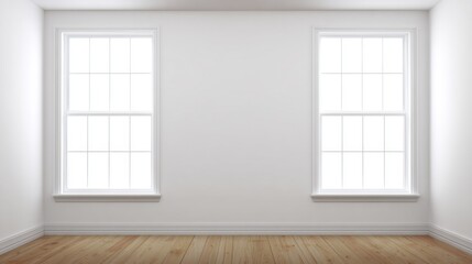 Bright minimalist room corner with large double-hung windows, white walls, light-toned wooden floor, grid-pattern panes, and natural light flooding the space.