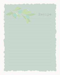 Blank recipe card template with olive branch. Vintage old paper style, scrapbooking.