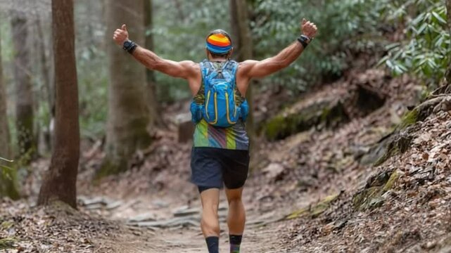 Trail Runner's Triumph: Capturing a moment of elation as a dedicated runner surges forward on a wooded trail, arms raised in triumph.