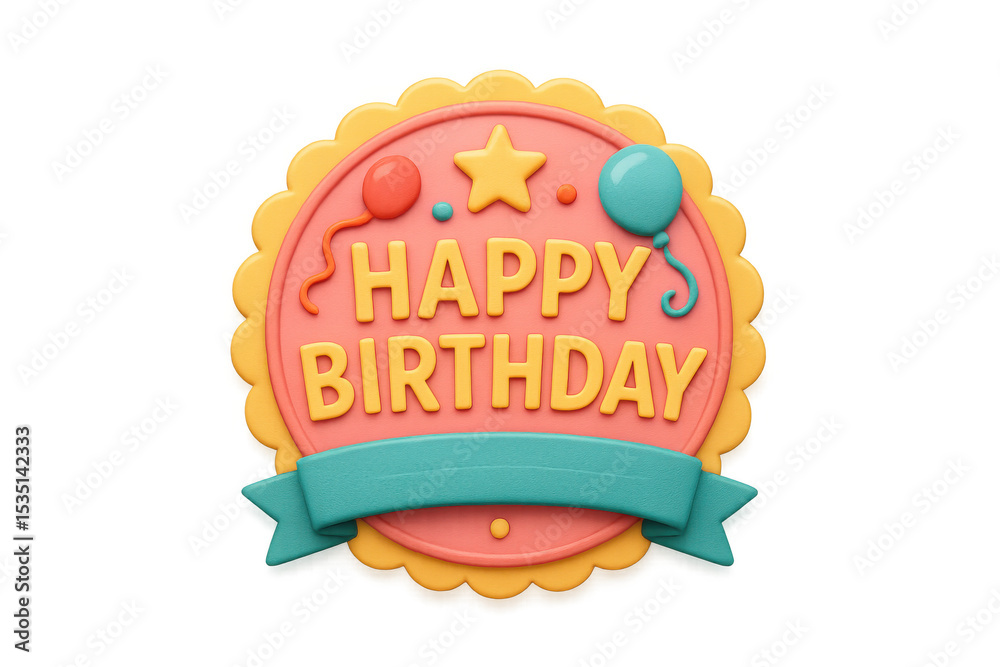 Fototapete 3d rendering of a colorful happy birthday label with balloons, a star and a ribbon, isolated on tran