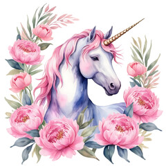 A whimsical unicorn adorned with pink peonies and greenery, capturing the essence of fantasy and magic.