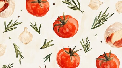 pattern of a dry tomato, with garlic and rosmary leaves,aquarel style -