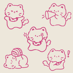 Seamless pattern with doodle cats among stars. Continuous one line kittens. Feline in different poses. Animals sit, lay,relax. Childish monochrome print,wrapping paper. Modern drawing with domestic pe