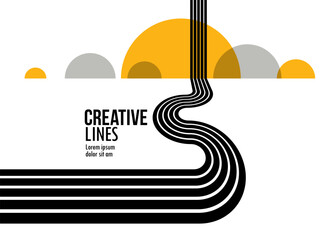 Fototapeta na wymiar Future lines in 3D perspective vector abstract background, black and yellow linear composition, road to horizon and sky concept, optical illusion op art.