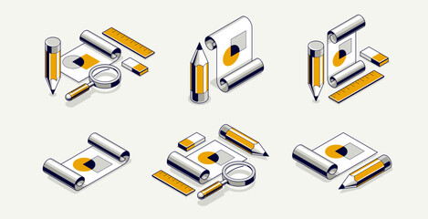 Engineering project concept, paper document blueprint with pencil engineer work job vector 3D isometric illustration, abstract plan drawing, cad scheme icon.