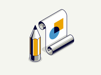 Engineering project concept, paper document blueprint with pencil engineer work job vector 3D isometric illustration, abstract plan drawing, cad scheme icon.