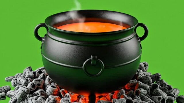 Black witch cauldron with orange potion boiling over hot coals isolated on a bright green screen background suitable for chroma key use