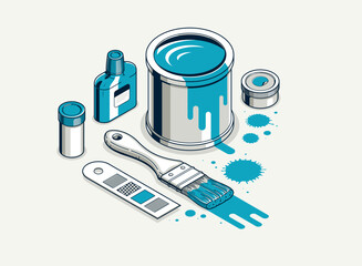 Painting walls interior vector 3D isometric illustration, diy renovation, residential flat renovate, apartment or house interior decoration.