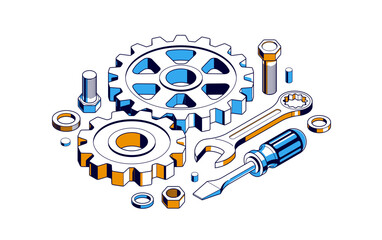Invention renovation concept, gears and tools in 3D isometric projection vector illustration, technical theme, cogs and bolts machinery and engine creation.