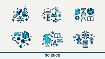 Science vector detailed icons set, physics and chemistry bundle, mathematics and geography study education.