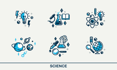 Science vector detailed icons set, physics and chemistry bundle, mathematics and geography study education.