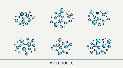 Chemical molecules vector icons set, chemistry science theme, laboratory research and experiments, pharmacology and healthcare.