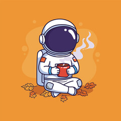 Cute astronaut with coffee cup and leafs in autum.  vector illustration 