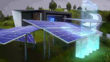 Glowing virtual energy over solar panels in power plant. Futuristic renewable power generation, clean technology concept with digital energy display.
- Powered by Adobe