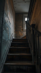 Dark wooden staircase ascends within a dilapidated building; peeling paint and a small window are visible.  Decaying walls surround the aged stairs.