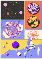 Abstract Geometric Posters 3D Effect Shapes, Perspectives and Dimensions. 1980s Colors Combination