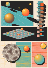 Abstract Geometric Posters 3D Effect Shapes, Perspectives and Dimensions. 1980s Colors Combination