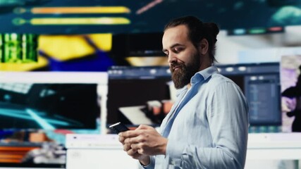 E commerce expert connecting on social media web platforms, networking creativity and online engagement in a digital world powered by mobile phone connection. digitalization. Camera A. - Powered by Adobe