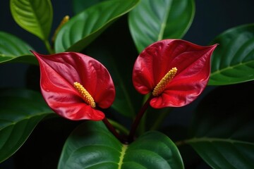 Deep red anthurium blossoms amidst rich green leaves , heart, anthurium, red
