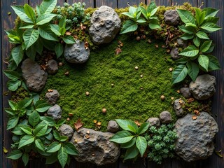 Flatlay of Moss, Leaves, and Forest Stones: Flatlay with forest moss, fresh green leaves, and rugged forest stones on a dark wooden surface, creating a lush forest floor scene.