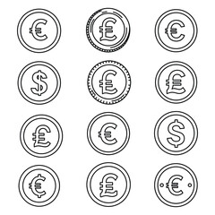 Twelve Black Line Art Currency Coins Euro Pound Dollar Symbols White Background vector Vector Illustration for Design, Business, and Stock Platforms