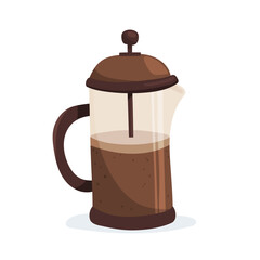 Vector illustration of French press with coffee in a glass container. Perfect for food content, packaging, menus, coffee design and recipe materials