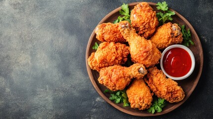 Golden crispy fried chicken pieces neatly arranged on a round ceramic plate with garnishes and dipping sauce