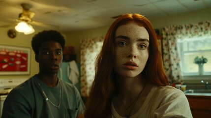Obraz premium Intimate Portrait of Young Woman with Freckles and a Young Man in Home Setting: Capturing Vulnerability