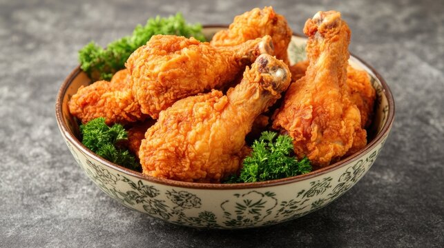 Fried chicken set on a vintage patterned dish with rustic cloth underlay