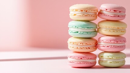Fototapeta premium Stacked macaroons in pastel shades on a clean background with playful shadows