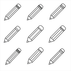 Black Outline Pencils on White Background Simple Line Art Drawings School Supplies Stationery Icons Set Vector Illustration for Design, Business, and Stock Platforms