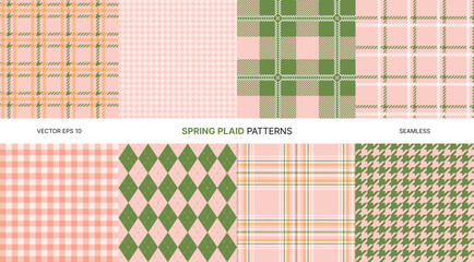 Seamless vector patterns for spring in pink green and gold hues with tartan gingham argyle and houndstooth textures ideal for wrapping fashion textiles decor digital scrapbooking and seasonal design