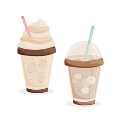 Two iced coffee drinks, frappe with cream and iced latte with ice cubes. Vector illustration suitable for menu design, posters, packaging and promotional materials