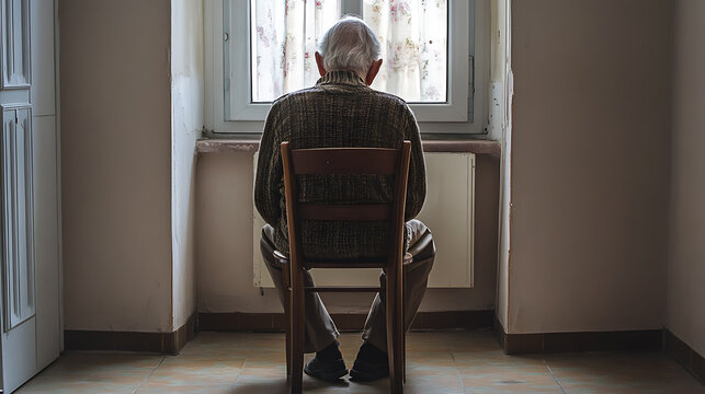 Elderly man sitting alone on a chair by the window, gazing outside