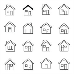 Sixteen simple black line drawings of houses various designs showing different window and door configurations some with chimneys on a white background Vector Illustration for Design, Business, and St
