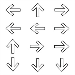 Twelve Bold Black Arrows Pointing Up Down Left Right on White Background Simple Directional Icons Navigation Symbols Vector Illustration for Design, Business, and Stock Platforms