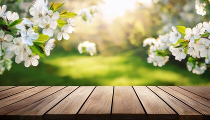 spring nature background white flowering branches and wooden table top